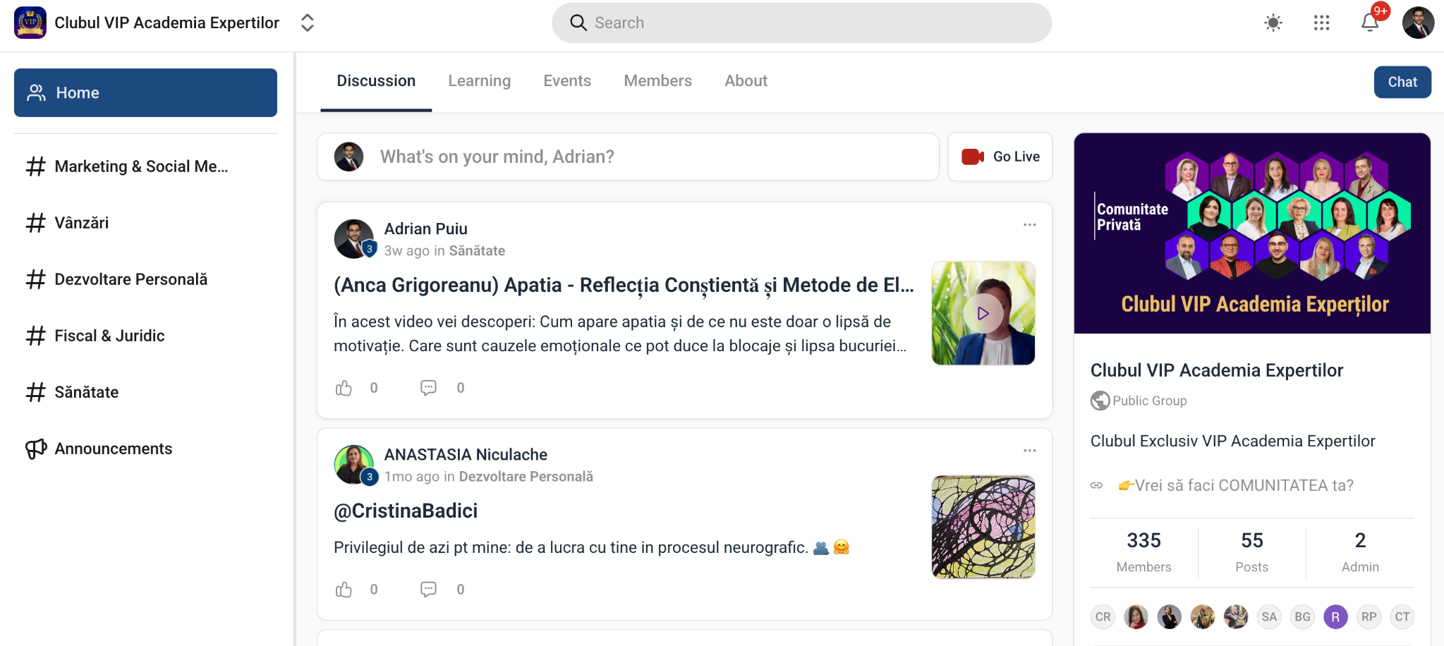 Interfața unei comunități online din Academia Experților