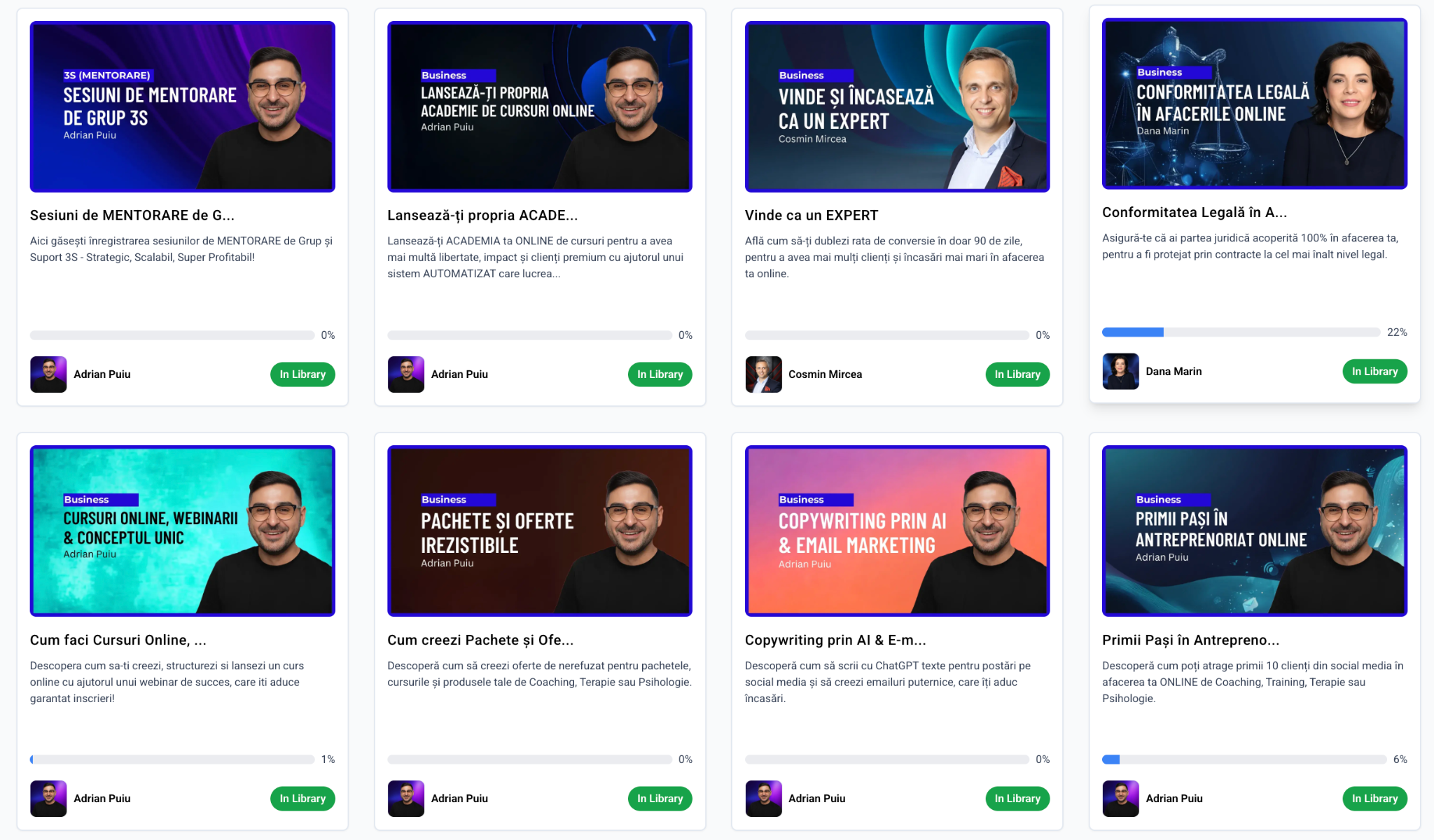Interfața cursurilor online din Academia Experților